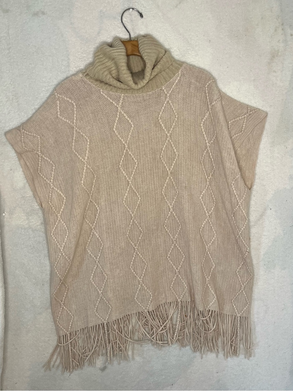 Time and Tru Cream Cable-Knit Turtleneck Poncho with Fringe One Size